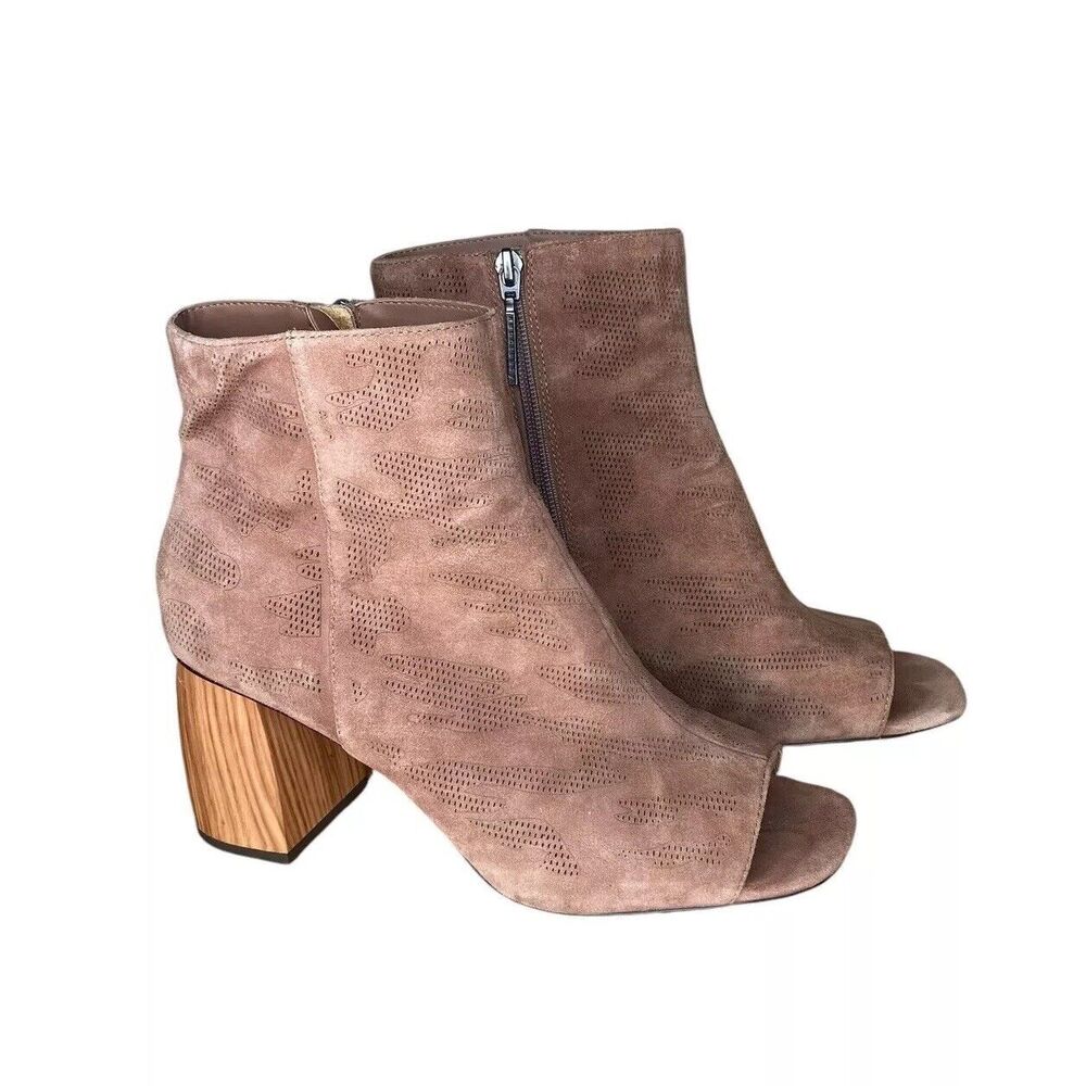 SANCTUARY Booties Size 8.5 Rock 2.0 Open Peep Toe Taupe Tan Suede Ankle Wooden